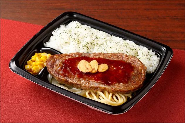 「Lステーキのあさくま監修 ステーキ風ハンバーグ弁当」の中身