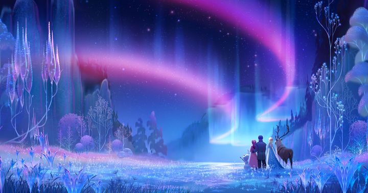 オーロラ輝く空の下にアナ、クリストフ、エルサ、オラフ、スヴェンが立ち並ぶ『アナと雪の女王３（仮題）』コンセプトアート