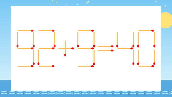 【マッチ棒クイズ】1本だけ動かして正しい式に：92+9=40？の問題画像