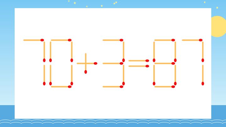 【マッチ棒クイズ】1本だけ動かして正しい式に：70+3=87？の問題画像