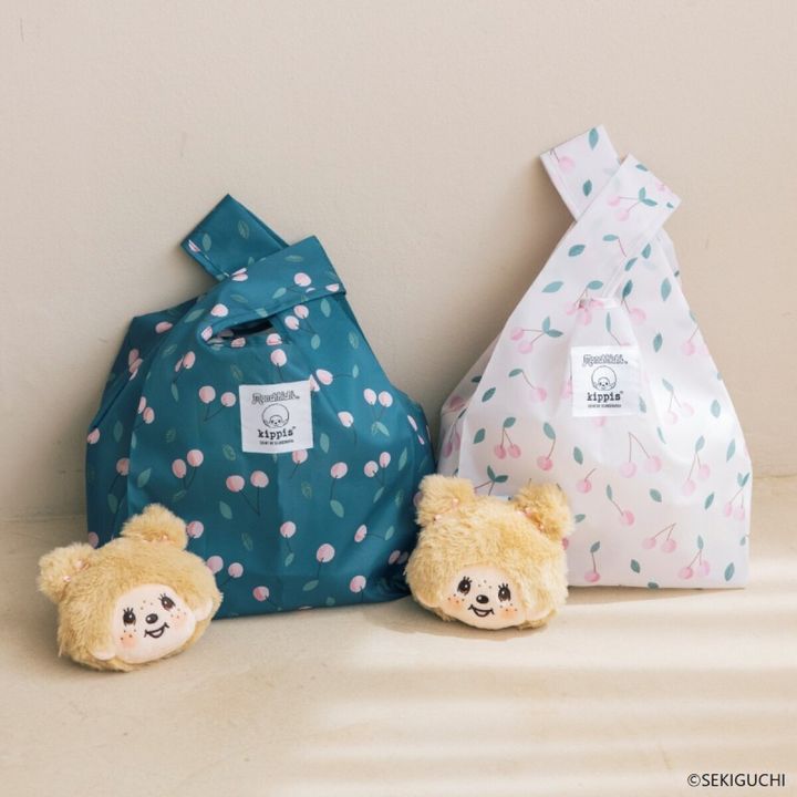モンチッチのぬいぐるみチャーム付きさくらんぼ柄エコバッグ2色