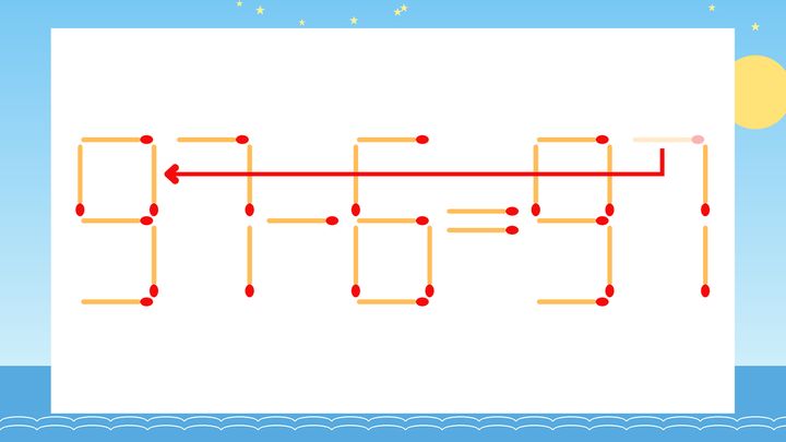 【マッチ棒クイズ】1本だけ動かして正しい式に：57-6=97？の解答画像