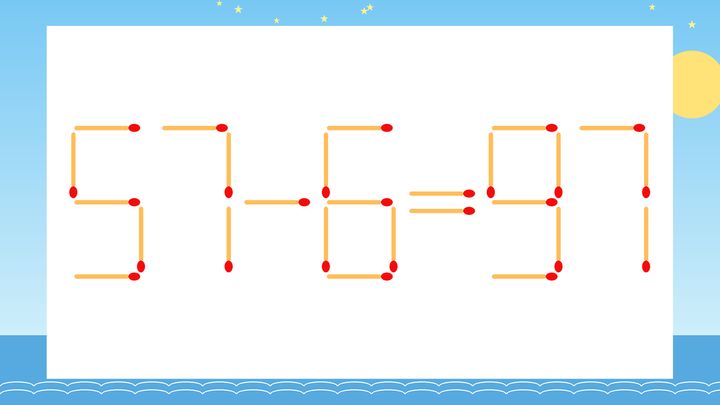 【マッチ棒クイズ】1本だけ動かして正しい式に：57-6=97？の問題画像