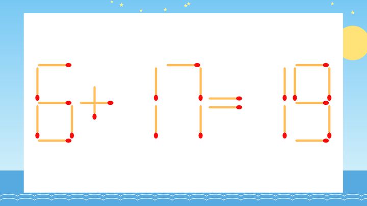 【マッチ棒クイズ】1本だけ動かして正しい式に：6+17=19？の問題画像