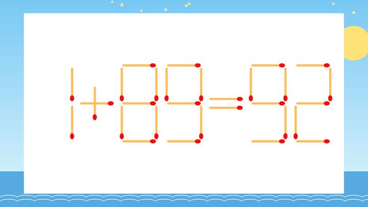 【マッチ棒クイズ】1本だけ動かして正しい式に：1+89=92？の問題画像