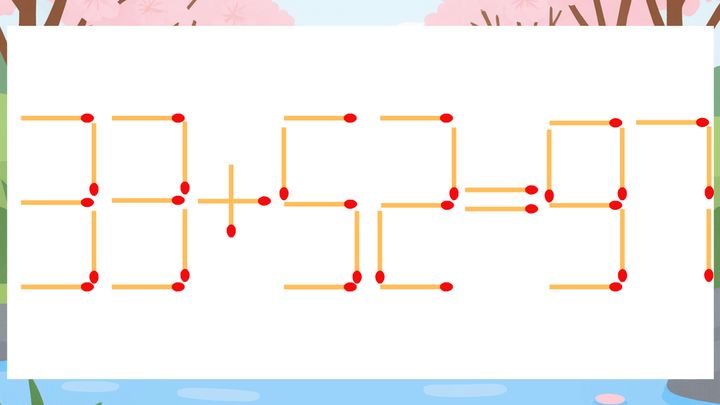 【マッチ棒クイズ】1本だけ動かして正しい式に：33+52=97？の問題画像