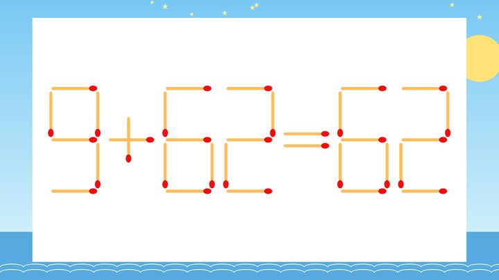 【マッチ棒クイズ】1本だけ動かして正しい式に：9+62=62？の問題画像