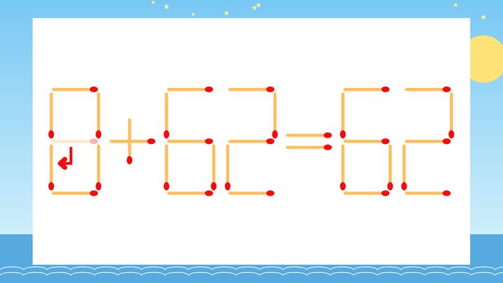 【マッチ棒クイズ】1本だけ動かして正しい式に：9+62=62？の解答画像