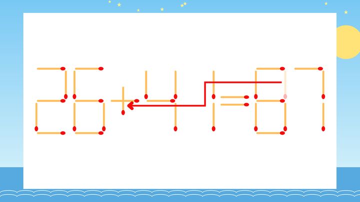 【マッチ棒クイズ】1本だけ動かして正しい式に：26-41=87？の解答画像
