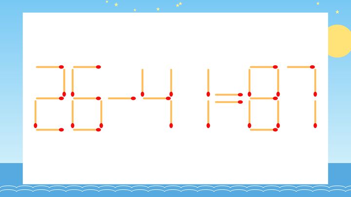 【マッチ棒クイズ】1本だけ動かして正しい式に：26-41=87？の問題画像