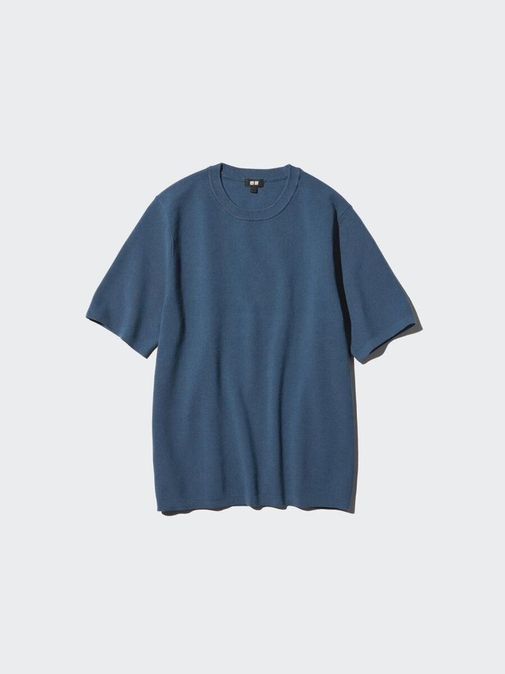 青いウォッシャブルミラノリブニットTシャツの平置き