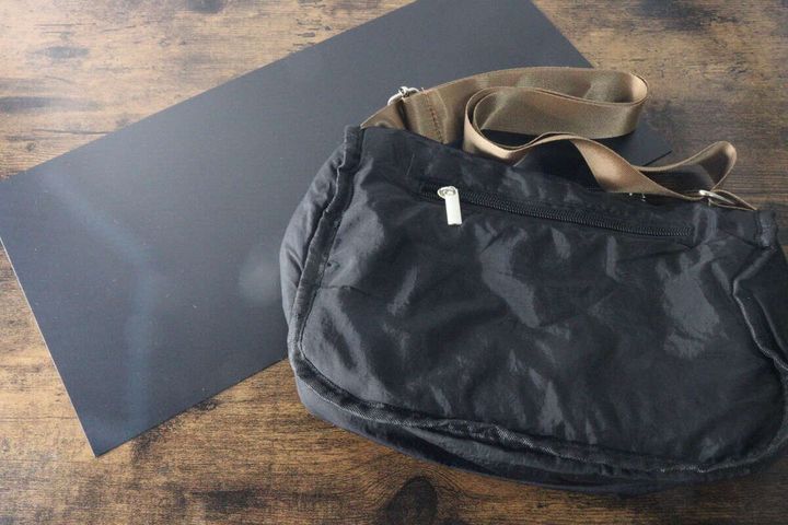 黒いプラ底板の横に置かれたくたっとした黒いショルダーバッグ