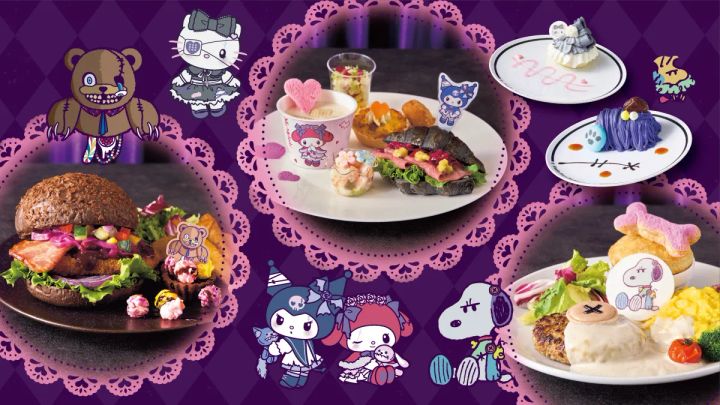 カカオ香るベーコンカツ・バーガープレート、ローストビーフ・クロワッサンサンドプレート、きのこクリームソースハンバーグ&オムライスプレートと、ハローキティ・スヌーピーのデザート2種