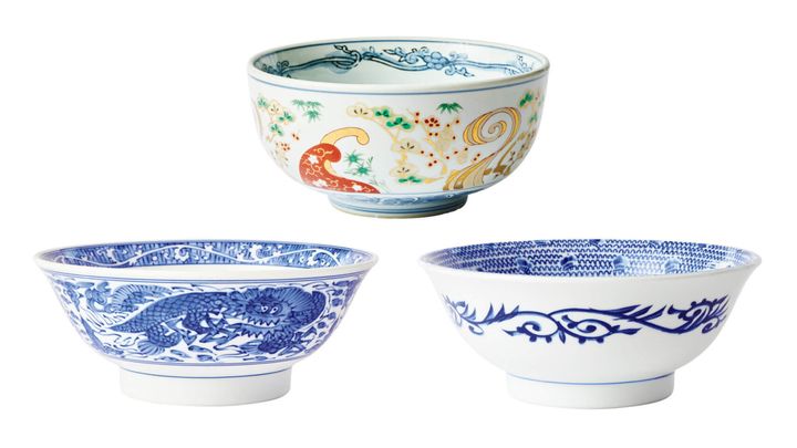 青山〈麺屋武蔵〉のどんぶり、中野〈青葉〉のどんぶり、横浜〈くじら軒〉のどんぶり