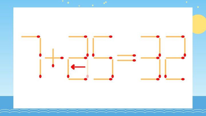 【マッチ棒クイズ】1本だけ動かして正しい式に：7+35=32？の解答画像