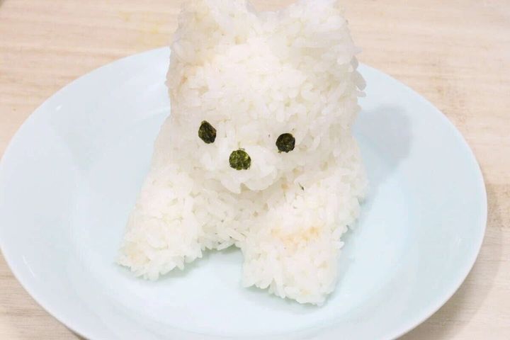 青い皿に盛り付けられた犬の形のごはん
