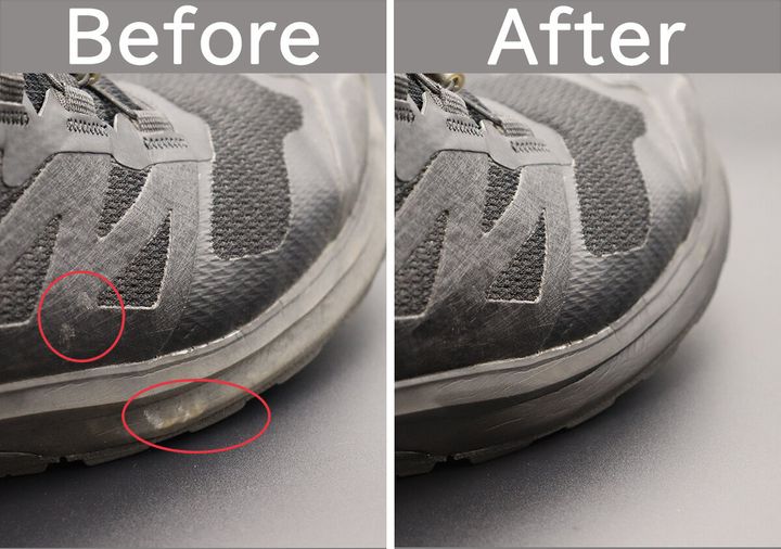 黒いスニーカーのつま先部分の汚れがウェットシートで落ちたBefore/After比較
