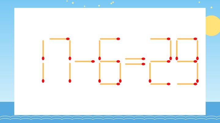 【マッチ棒クイズ】1本だけ動かして正しい式に：17-6=29？の問題画像