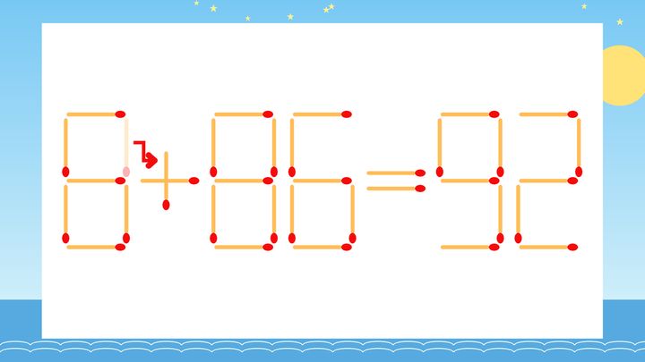 【マッチ棒クイズ】1本だけ動かして正しい式に：8-86=92？の解答画像