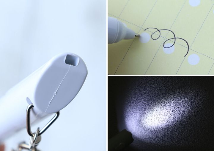 上段左はホイッスル部分のアップ、上段右はペンで文字を書いている様子、下段はライトを点灯している様子