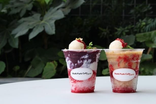 「MoN Park Cafe by Spiral」の「ベリーとオーツミルクのパフェ氷」と「桃とミルクティーのパフェ氷」(ともに1100円、テイクアウト可)
