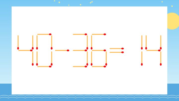 【マッチ棒クイズ】1本だけ動かして正しい式に：40-36=14？の問題画像