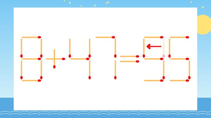 【マッチ棒クイズ】1本だけ動かして正しい式に：8+47=35？の解答画像