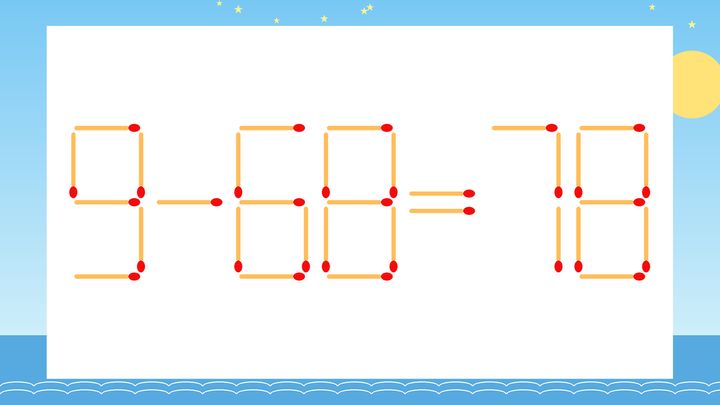 【マッチ棒クイズ】1本だけ動かして正しい式に：9-68=78？の問題画像
