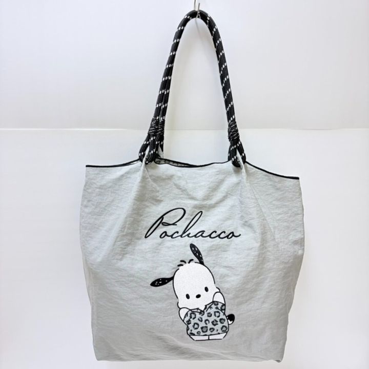 グレー地にヒョウ柄服ポチャッコのロープハンドルトートバッグ