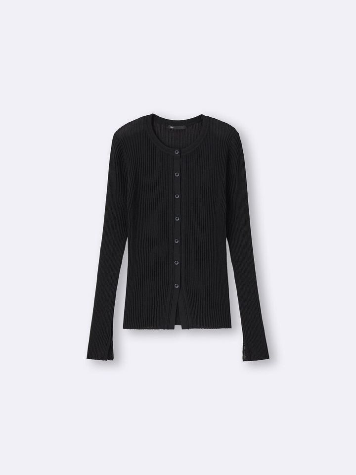 黒いシアー素材の長袖リブカーディガン