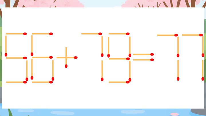 【マッチ棒クイズ】1本だけ動かして正しい式に：56+79=77？の問題画像