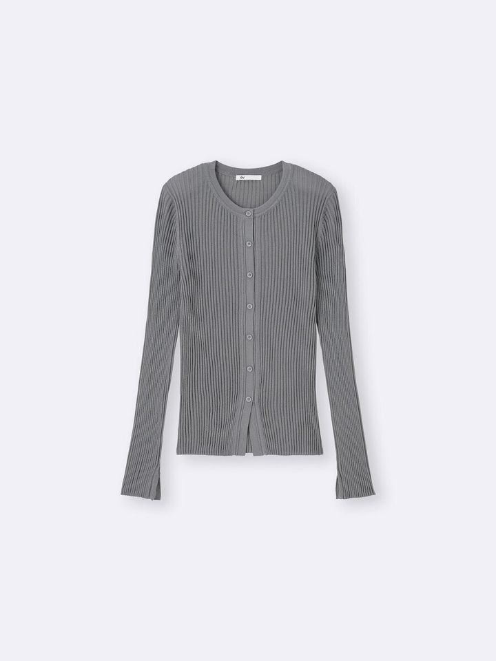 グレーのシアーリブカーディガンがボタンを閉じて置かれている