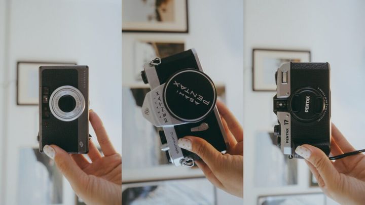 普段使用しているフィルムカメラ。左から、10年程前にメルカリで購入したナチュラクラシカ、父から譲り受けたPENTAX SP、ハーフカメラPENTAX 17