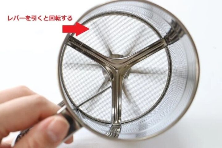 粉ふるいの底面にある網と回転する羽根、レバー操作の指示
