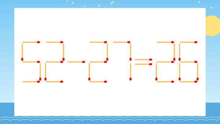 【マッチ棒クイズ】1本だけ動かして正しい式に：52-27=26？の問題画像