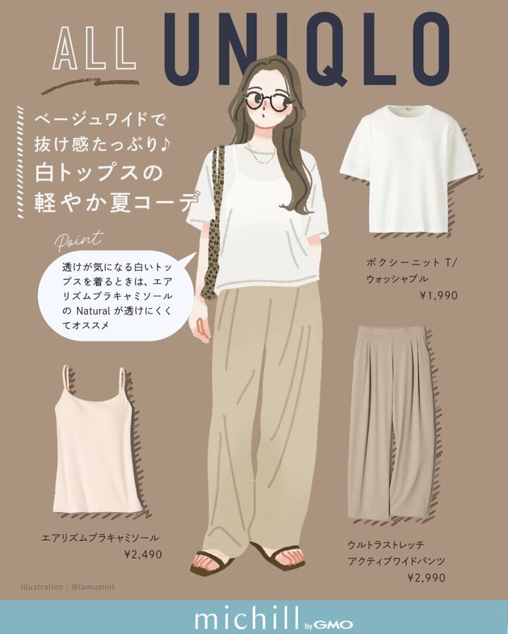 白トップスとベージュワイドパンツの女性イラスト、商品情報も記載