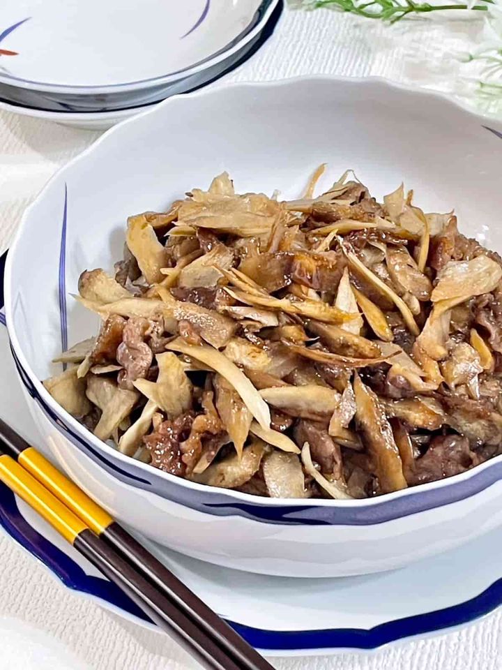 かつお節がけのごぼう牛丼