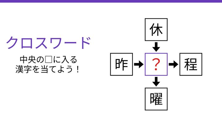【二字熟語クロスワード】4つの熟語を完成させる中央の漢字は？の問題画像