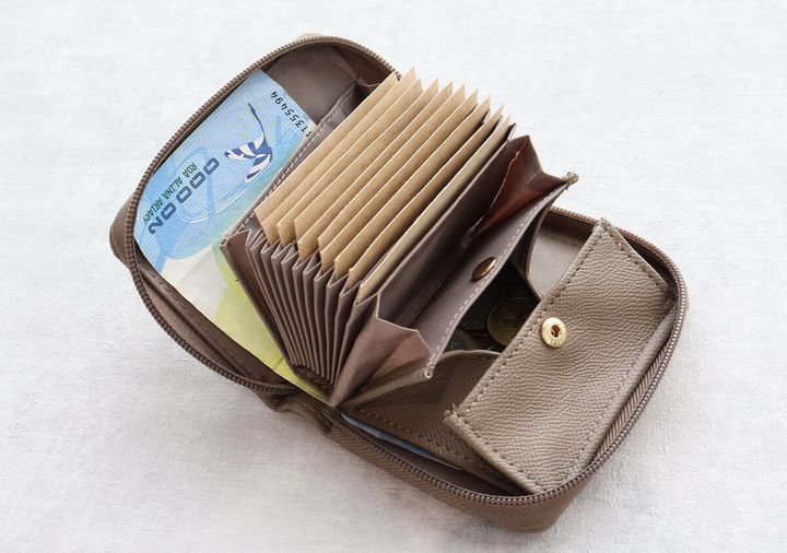 開いた茶色のミニ財布。じゃばら式カードポケットとお札、小銭が見える。