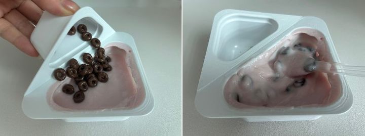 ピンク色のイチゴヨーグルトにチョコリングを投入！ クセがなく親しみやすいおいしさ