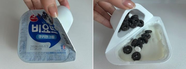 フタを開ける前に折っておくとこぼれない（写真左）／白いマシュマロはランダム！（写真右）