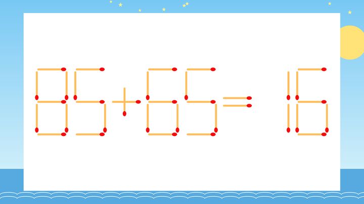 【マッチ棒クイズ】1本だけ動かして正しい式に：85+65=16？の問題画像