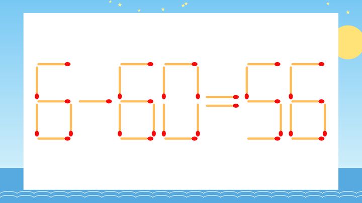 【マッチ棒クイズ】1本だけ動かして正しい式に：6-60=56？の問題画像