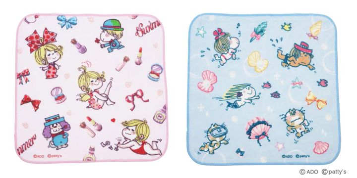 「SWIMMER」×水森亜土 ミニタオル ピンクコスメ柄とブルー海柄の並びカット