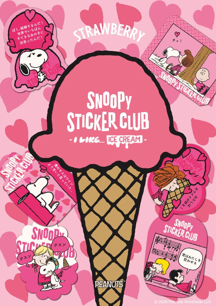 STRAWBERRYの文字を中心に恋をテーマにした6枚のステッカーが並ぶ紹介