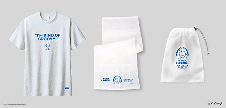 抽選で当たるグレーのTシャツと白いタオル2枚と巾着袋のグッズセット