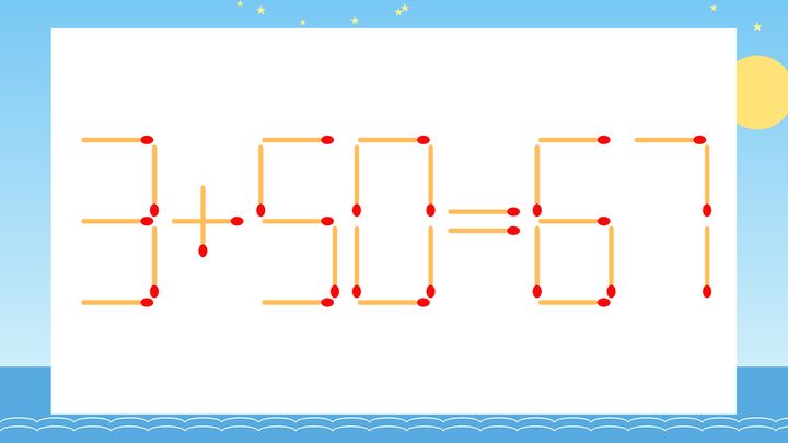 【マッチ棒クイズ】1本だけ動かして正しい式に：3+50=67？の問題画像