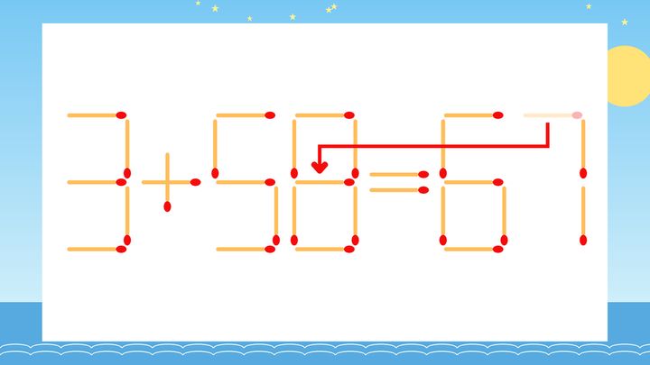 【マッチ棒クイズ】1本だけ動かして正しい式に：3+50=67？の解答画像