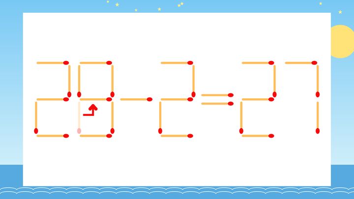 【マッチ棒クイズ】1本だけ動かして正しい式に：20-2=27？の解答画像