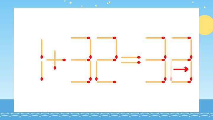 【マッチ棒クイズ】1本だけ動かして正しい式に：1+32=32？の解答画像